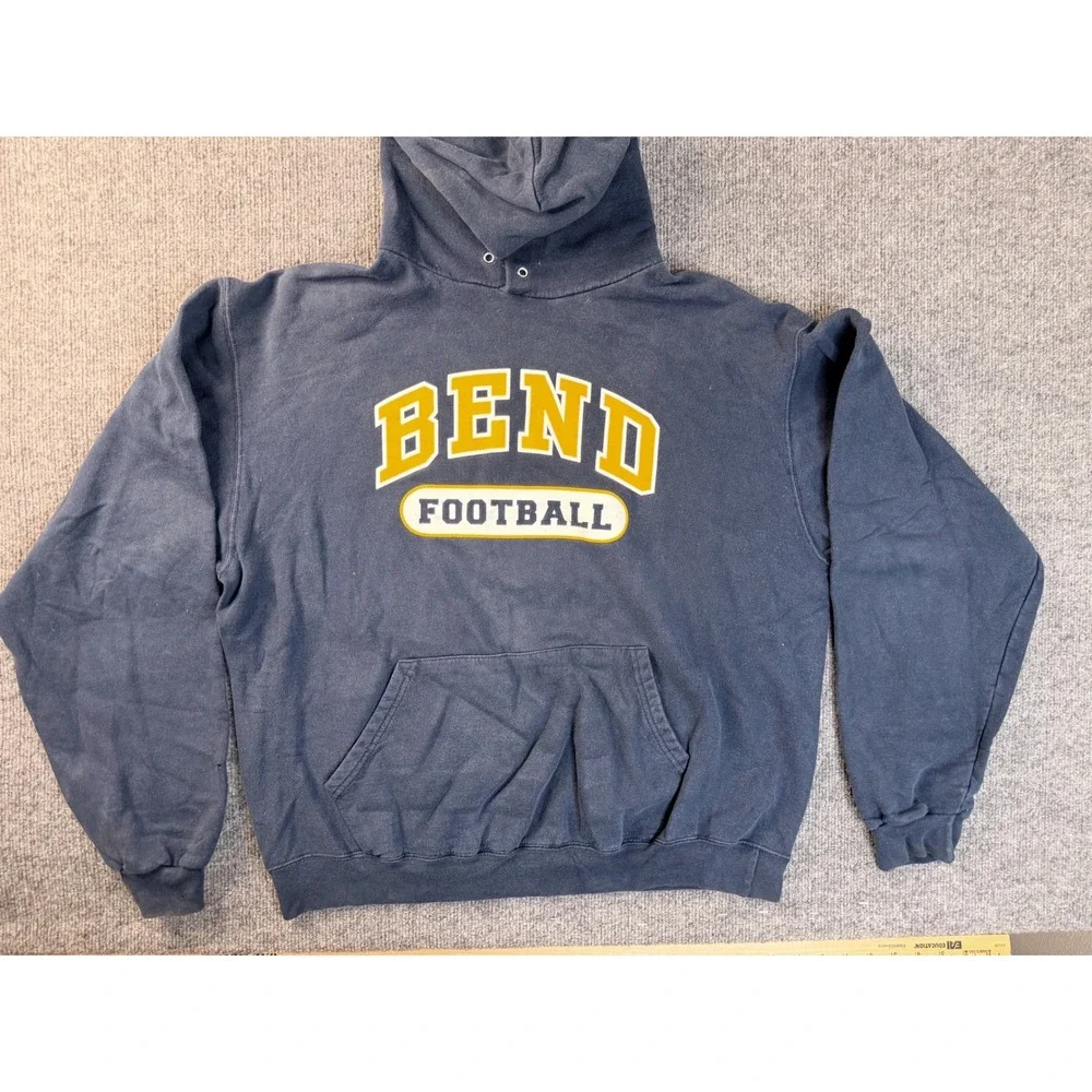 Champion Mens Large Navy Blue Bend Football Graphic Hoodie Sweatshirt Faded Y2K